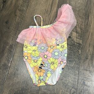 Janie and Jack Disney Minnie Mouse Floral One Arm Pink Ruffle Sleeve Swimsuit